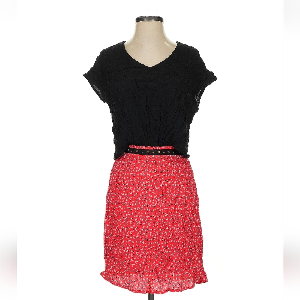 ICHI Black Top Red Floral Chiffon Belted Dress Size S